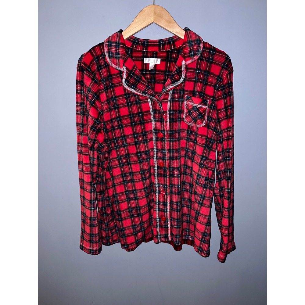 Secret Treasures Womens Red Black Plaid Fleece Pajama Top Button Down Large